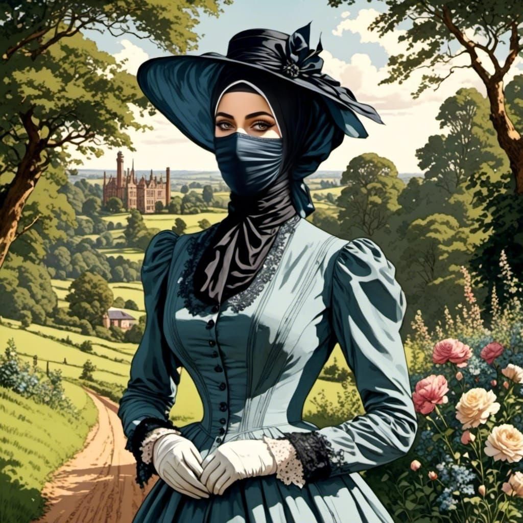 Victorian Hijabi in Countryside, Comic Book Art