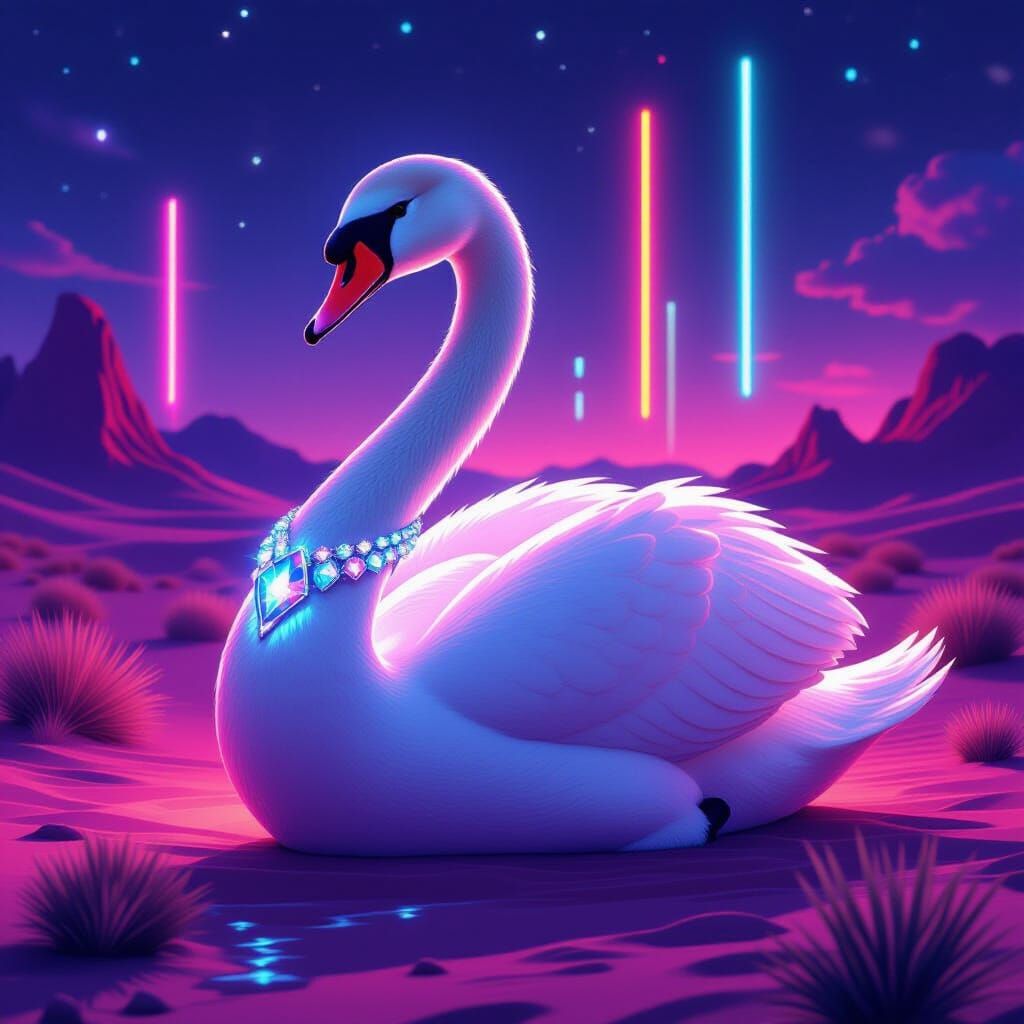 Neon Swan in Desert Landscape, Cyberpunk Mystical Art