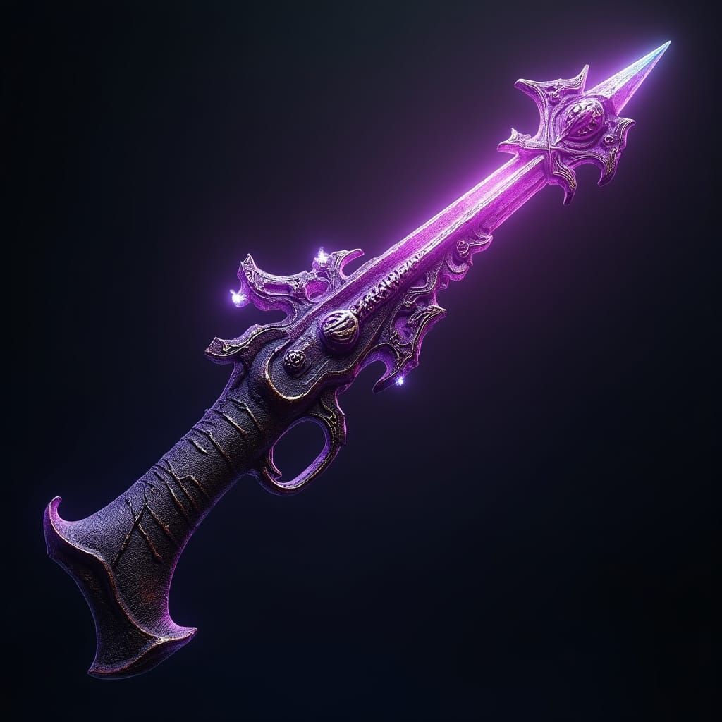 A majestic, malevolent DROW magical hand crossbow, radiating an unearthly, pulsing glow, its deep, rich purple hue shift...
