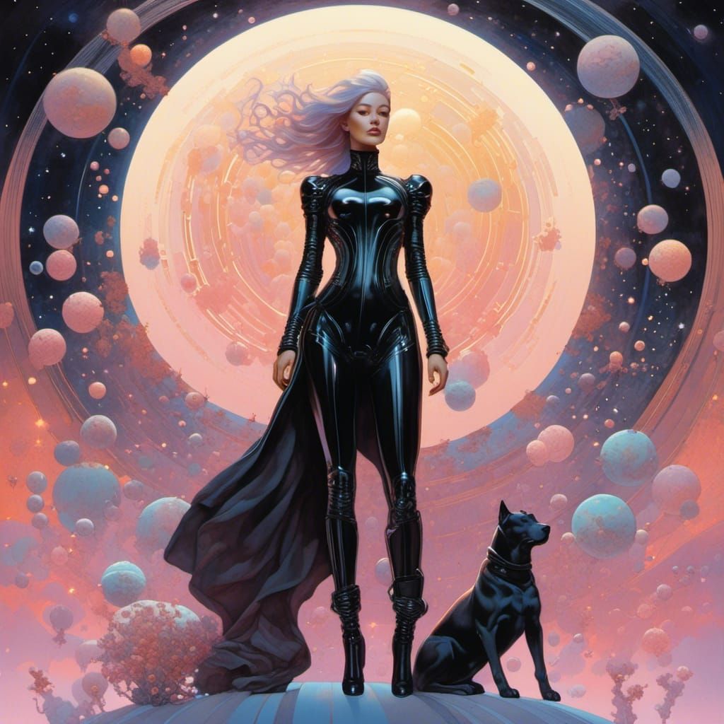 Cybernetic Woman in Galaxy of Pastel Stars