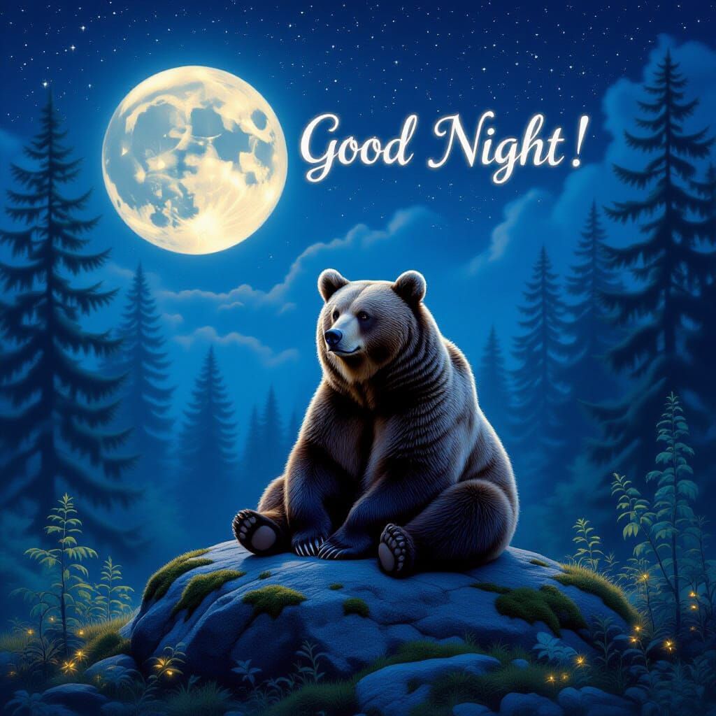 Majestic Bear Under Full Moon in Ethereal Forest Night