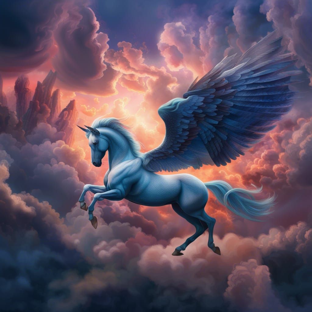 Majestic Pegasus Soaring Through Ethereal Twilight Sky