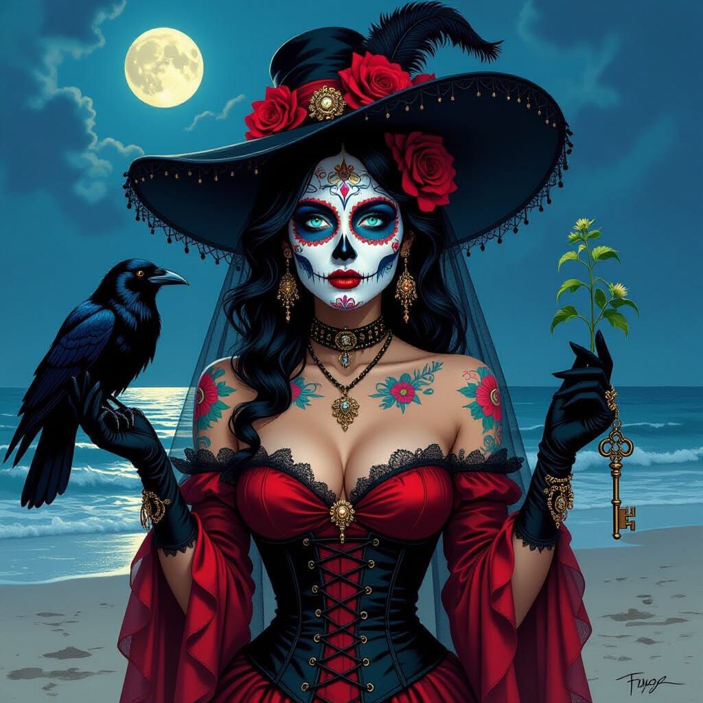 Mystical Gypsy Woman with Crow, in Dark Art Style