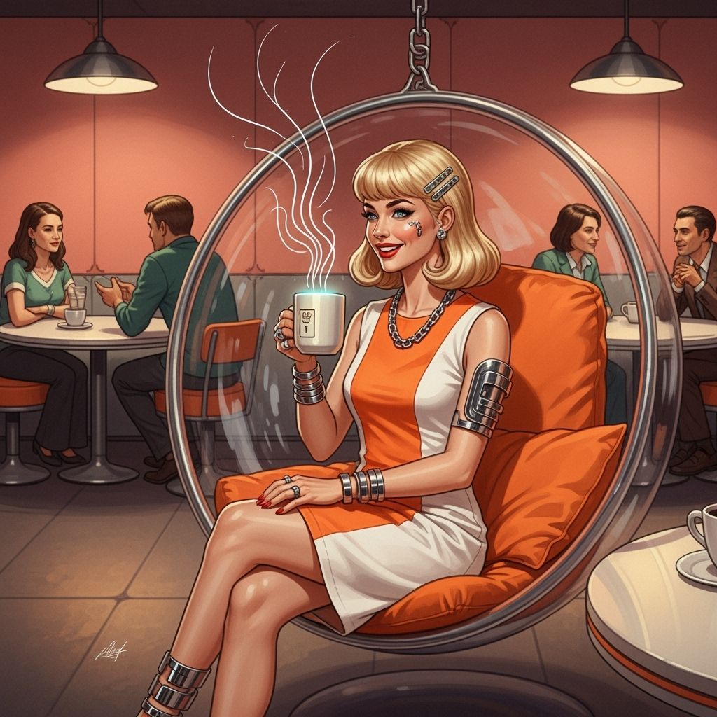 Retro-Futuristic Woman Enjoys Coffee in Moldova Cafe