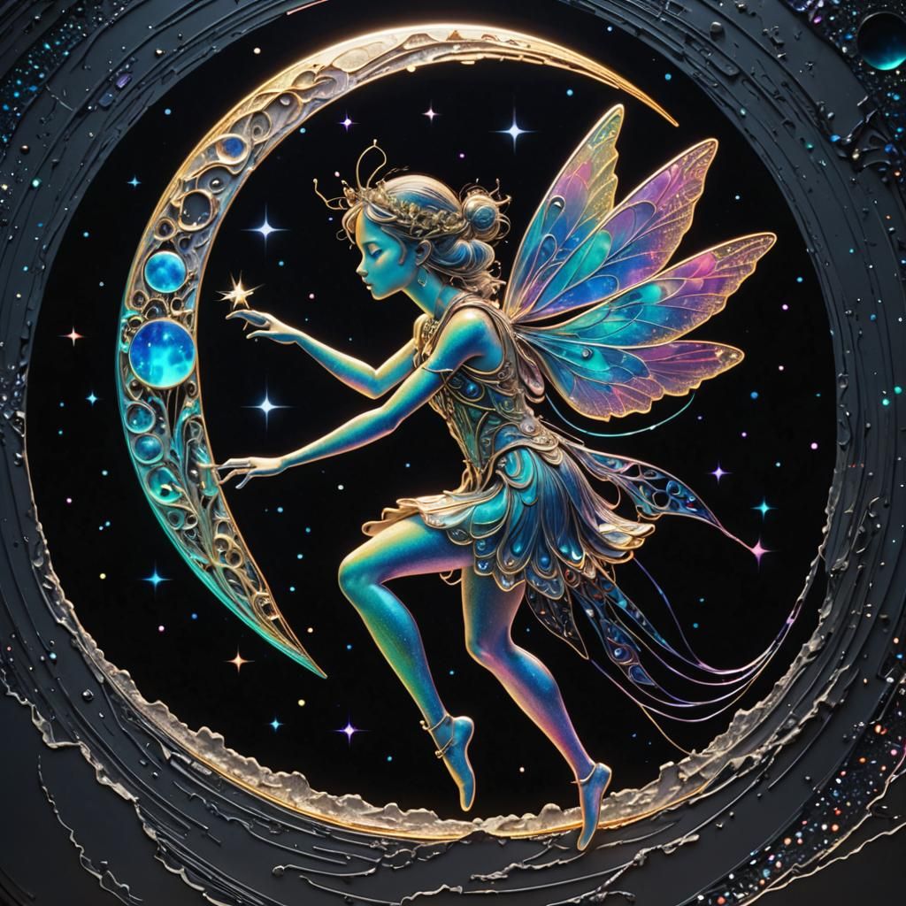 Iridescent Fairy on the Moon in Astral Style