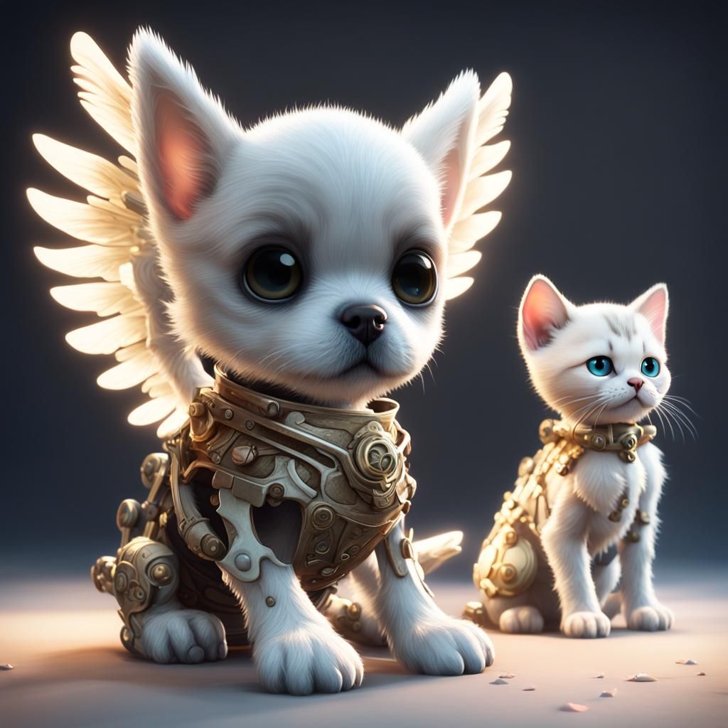 Angel Puppy and Kitten Skeletons in 3D Style