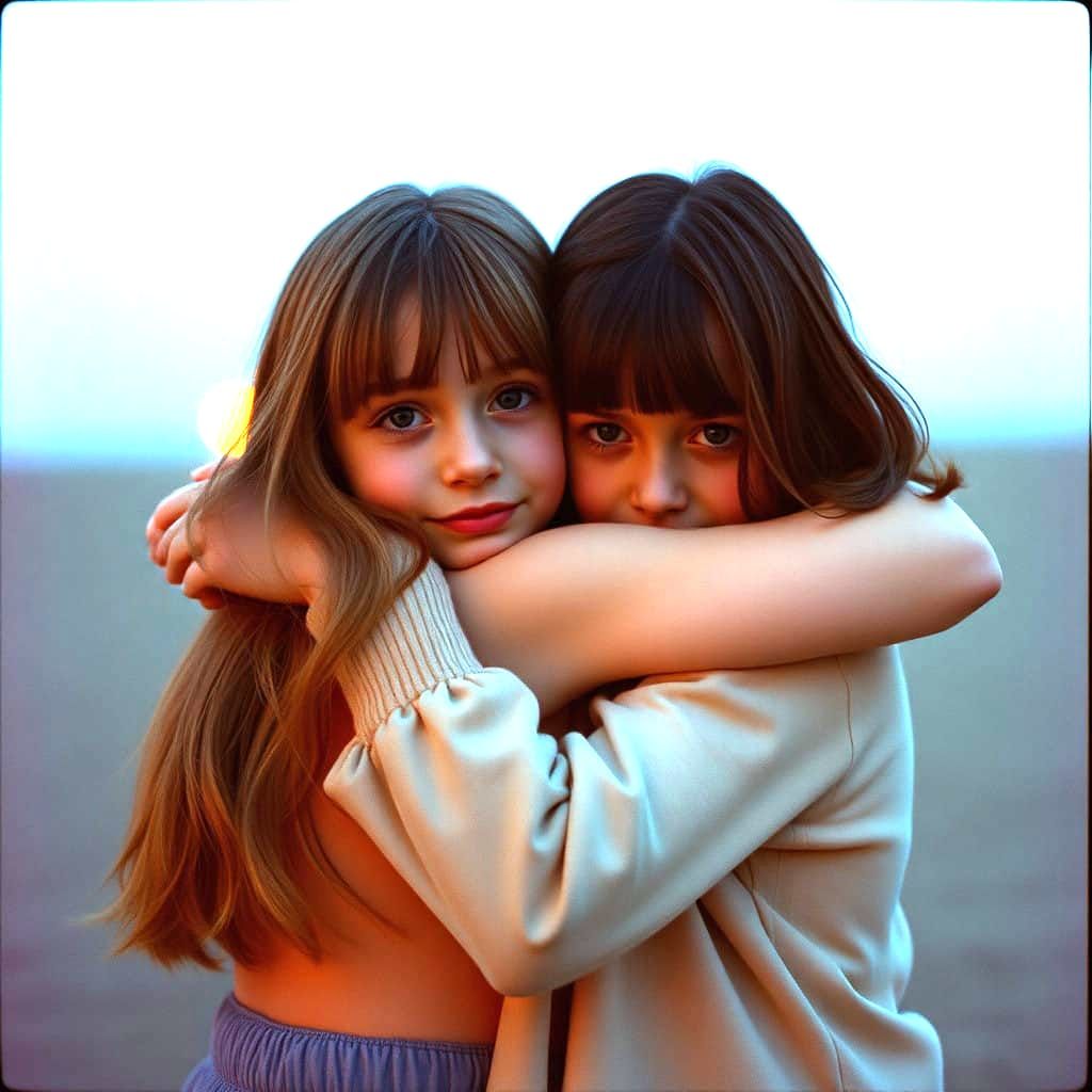 Cinematic Moment of Two Girls Sharing a Tender Hug