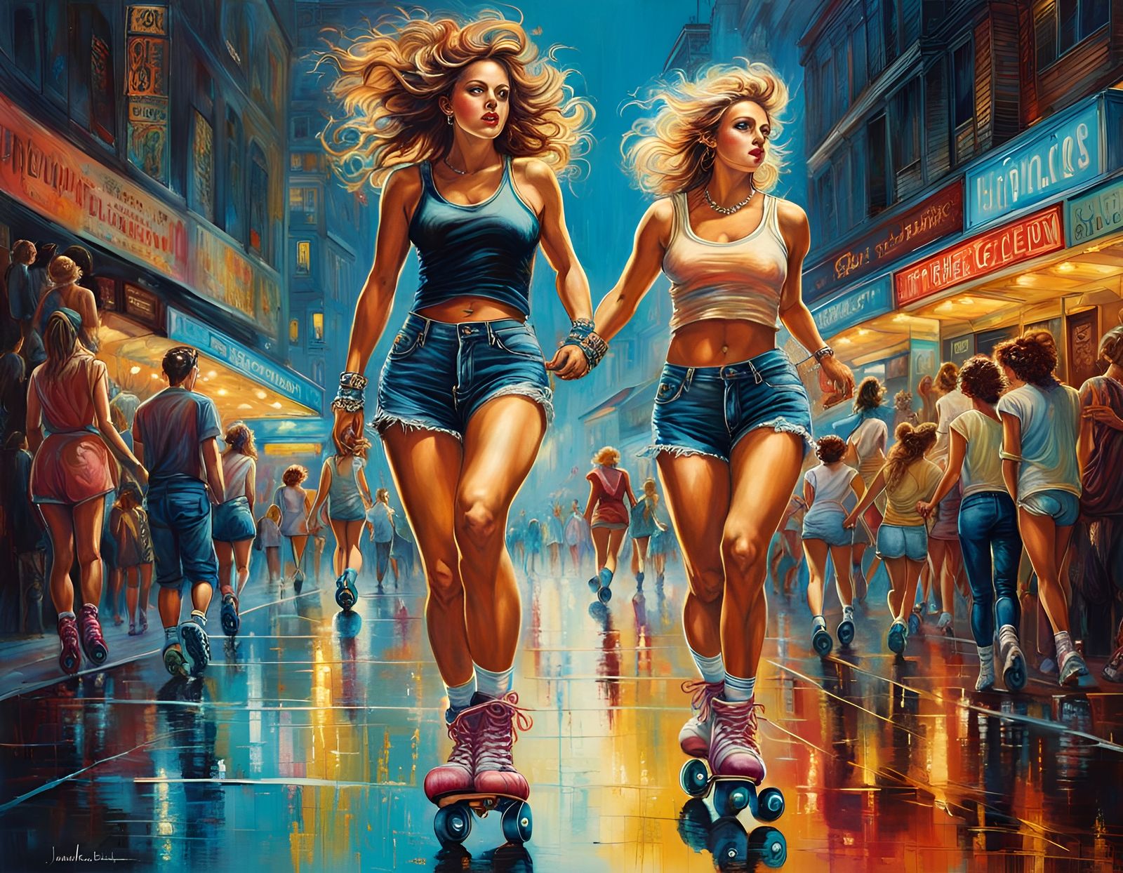 Voluptuous Women on Roller Skates: Retro Oil Painting
