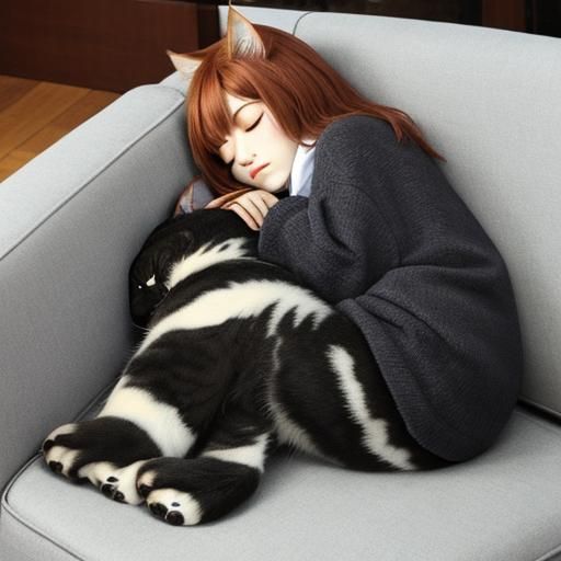 a cat girl, curled up on the couch sleeping