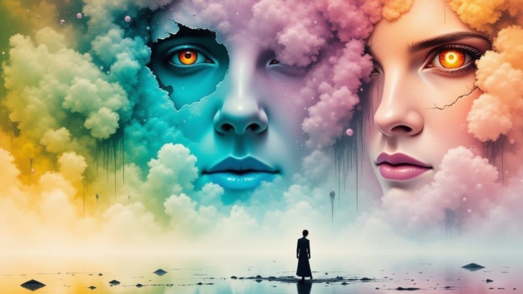 Mystical Oil Painting of Shattered Statue with Molten Core