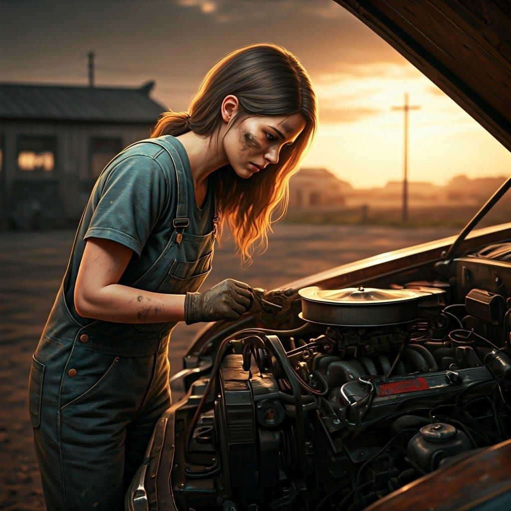 Grease-Smudged Mechanic Repairs Car Engine