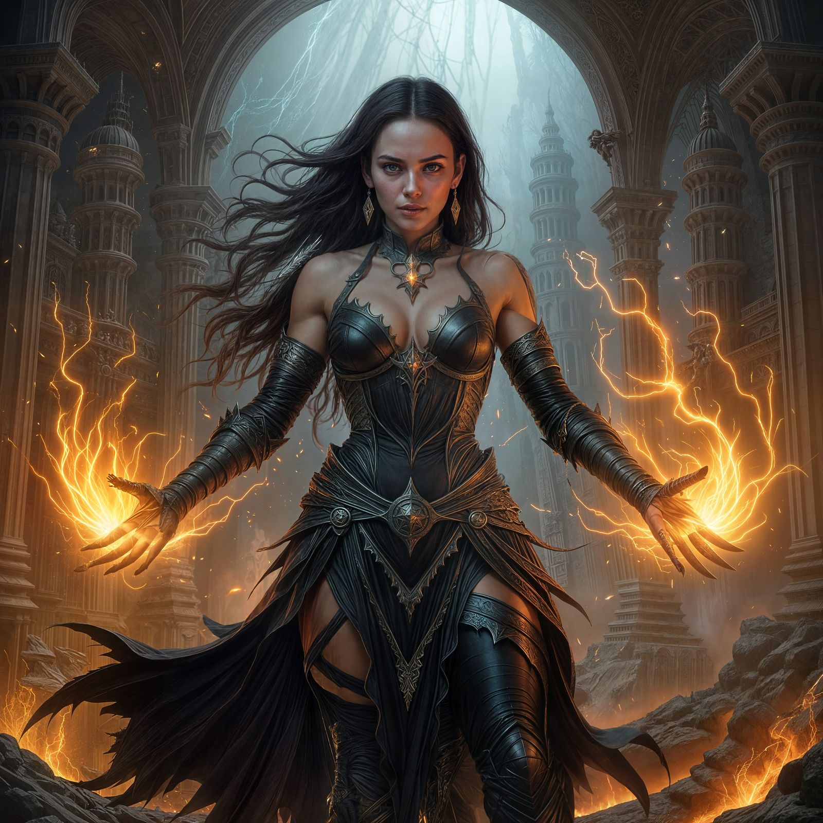 Dark Fantasy Sorceress Unleashes Destructive Energy
