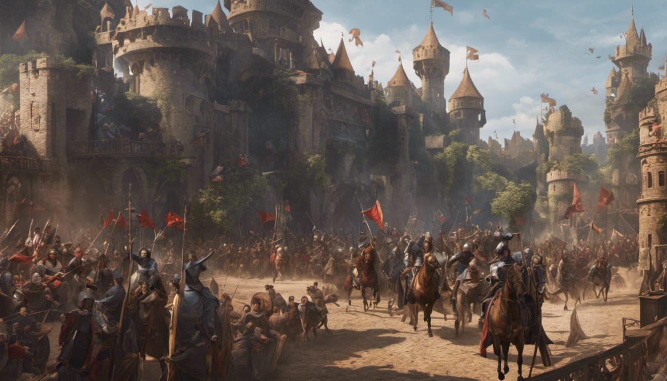 A medieval jousting tournament with a majestic castle backdrop
