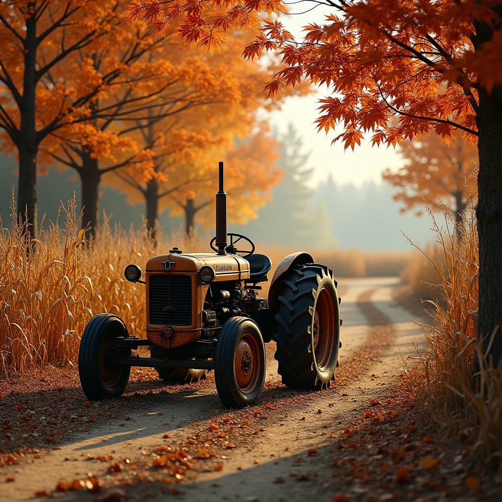 Vintage Tractor in Autumn Cornfield, Photorealistic Style