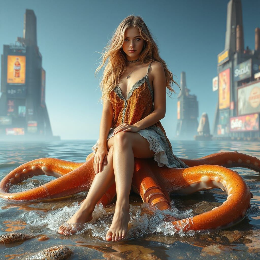 Luminous Bohemian Woman on Iridescent Squid