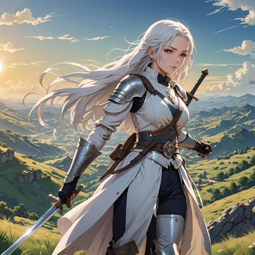 Anime-Style Lady Adventurer in a Sunny Landscape