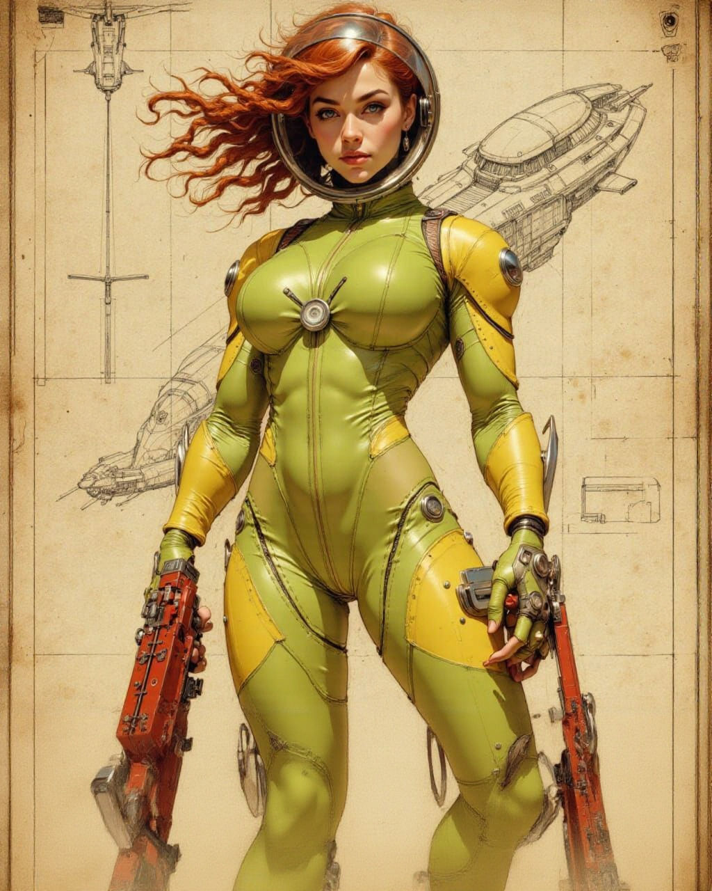 Retro-Futuristic Redhead Woman in Spacesuit with Ray Gun