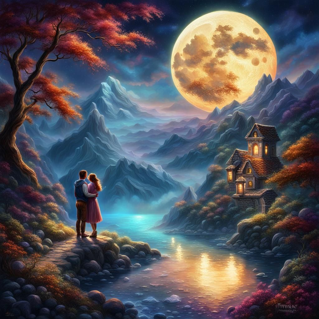 Romantic Couple Under Moonlight in Fantasy Landscape