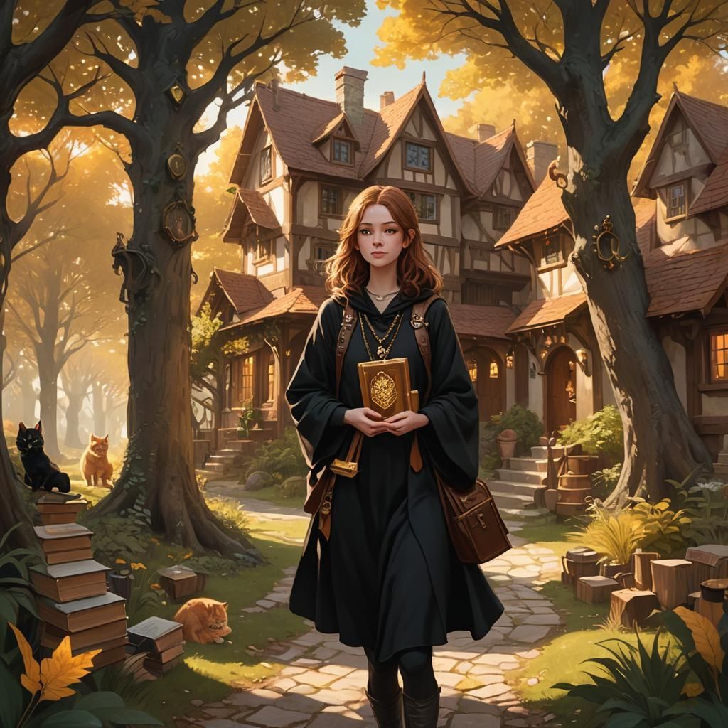 Girl with Cats in Luminous Forest, Oil Painting