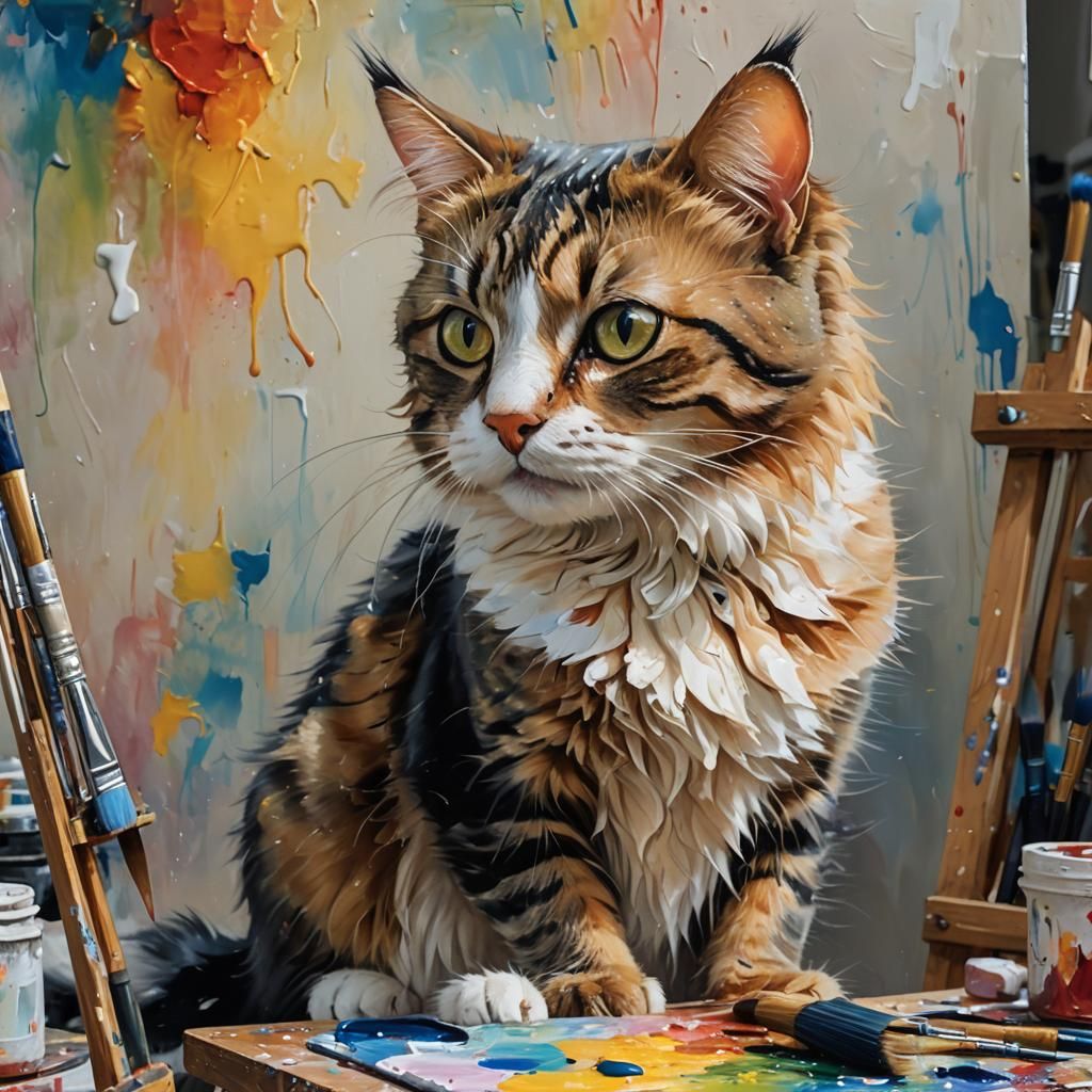 Cat Painting a Self-Portrait as Oil Painting