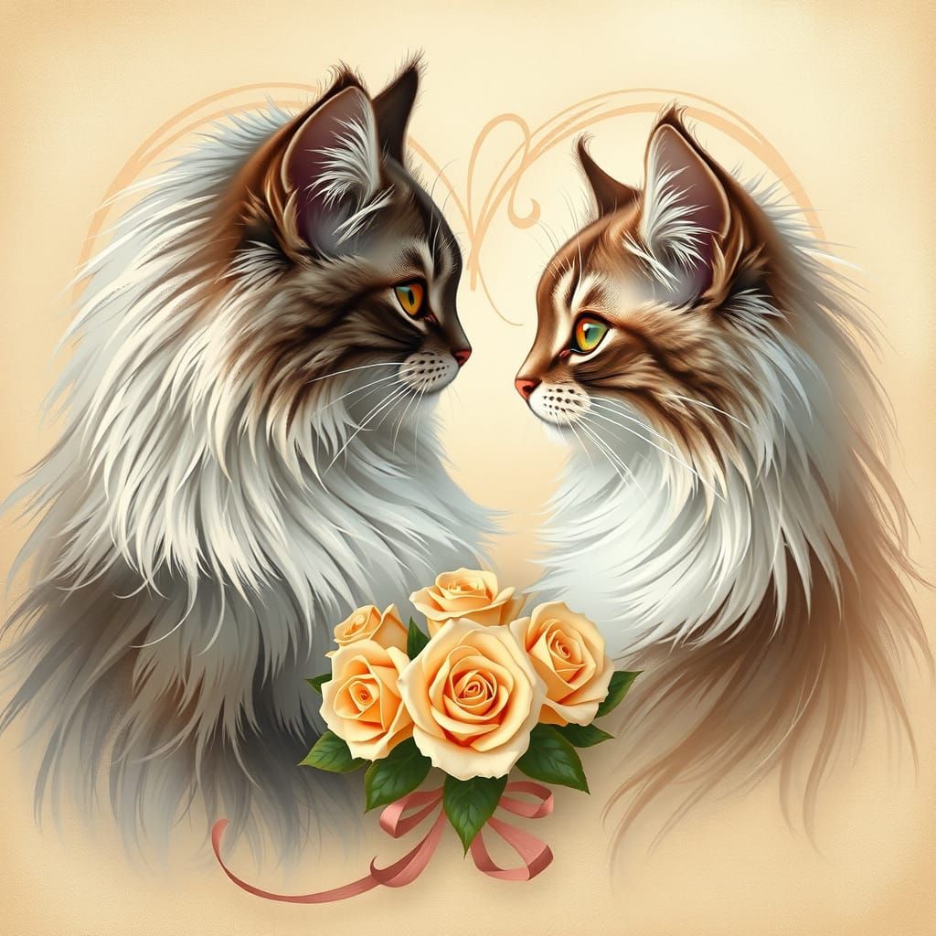 Elegant Digital Painting of Two Long-Haired Cats in Romantic...