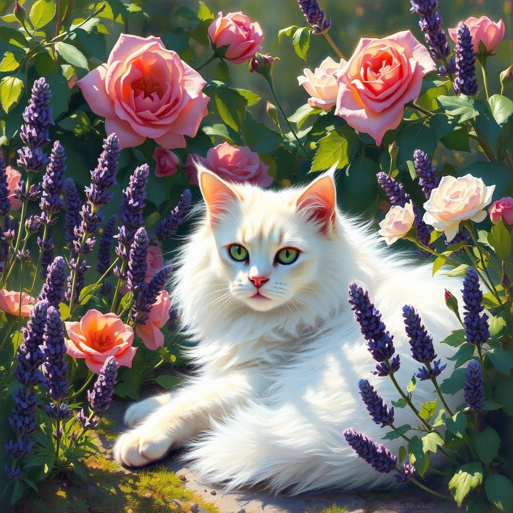 Fluffy Cat in a Lush Garden Oasis