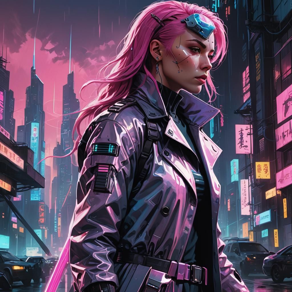 Cyberpunk Warrior in Neon Cityscape Concept Art