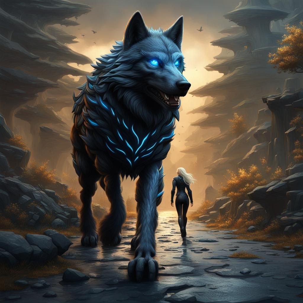 Black Wolf and Blonde Woman: Fantasy Concept Art