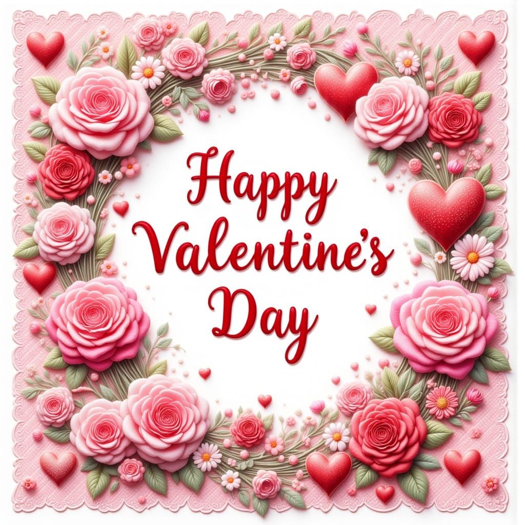 Valentine's Day Card with Heart Wreath in Kawaii Style