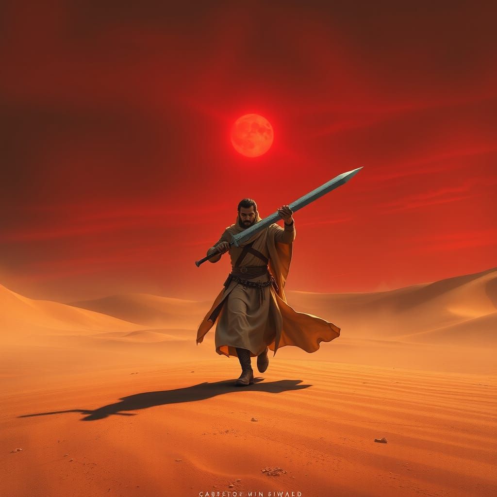 Solitary Desert Warrior in Crimson Twilight