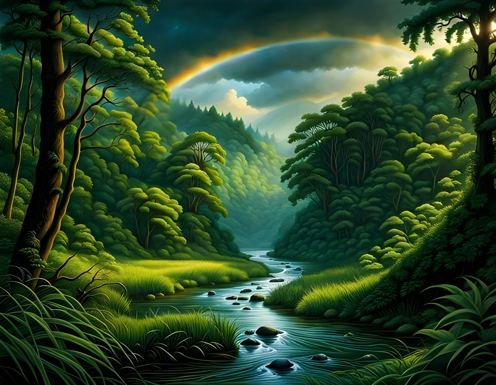Rainbow over River in Lush Post-Rain Landscape
