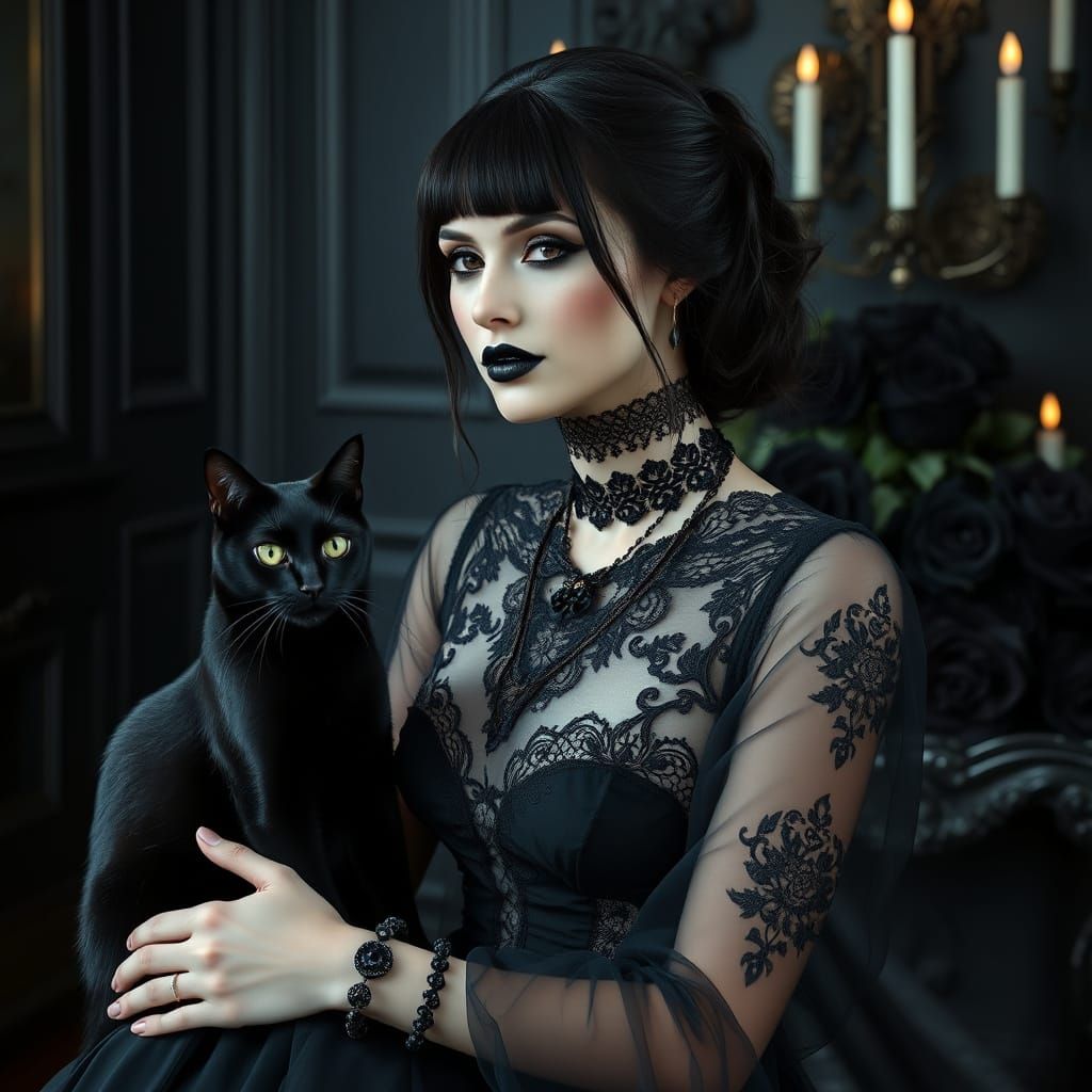 Ethereal Gothic Beauty with Raven Hair and Velvet Textures