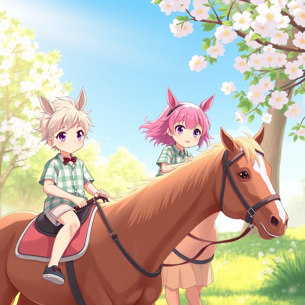 Adorable Boys Ride Horses in a Vibrant Anime-Inspired Park