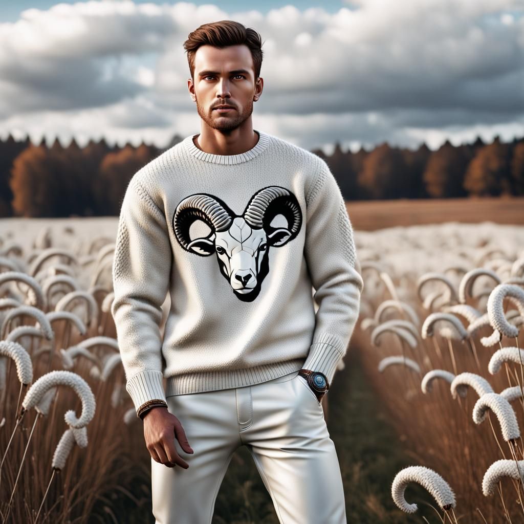 Hyperrealistic Ram-Horned Man in Field