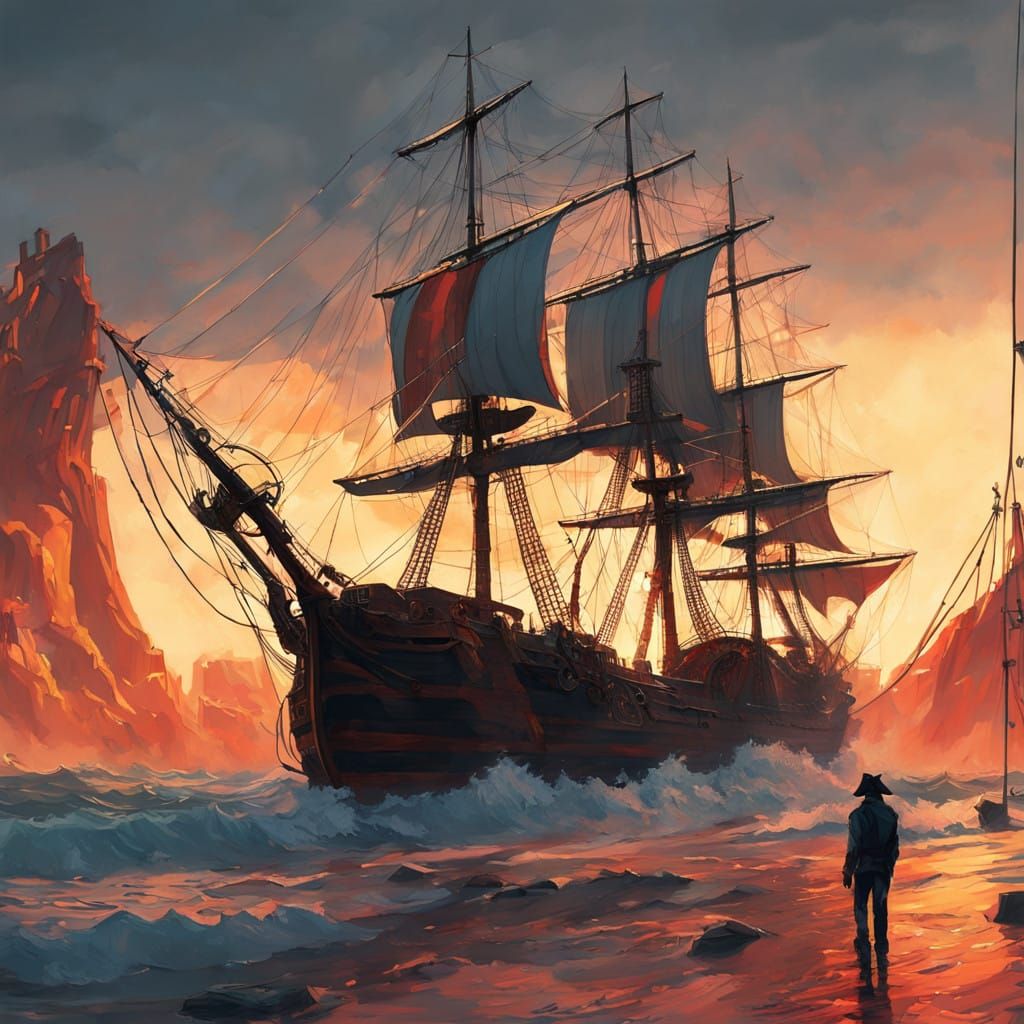 Majestic Pirate Ship Sails Through Waves of Flame in Fantasy...