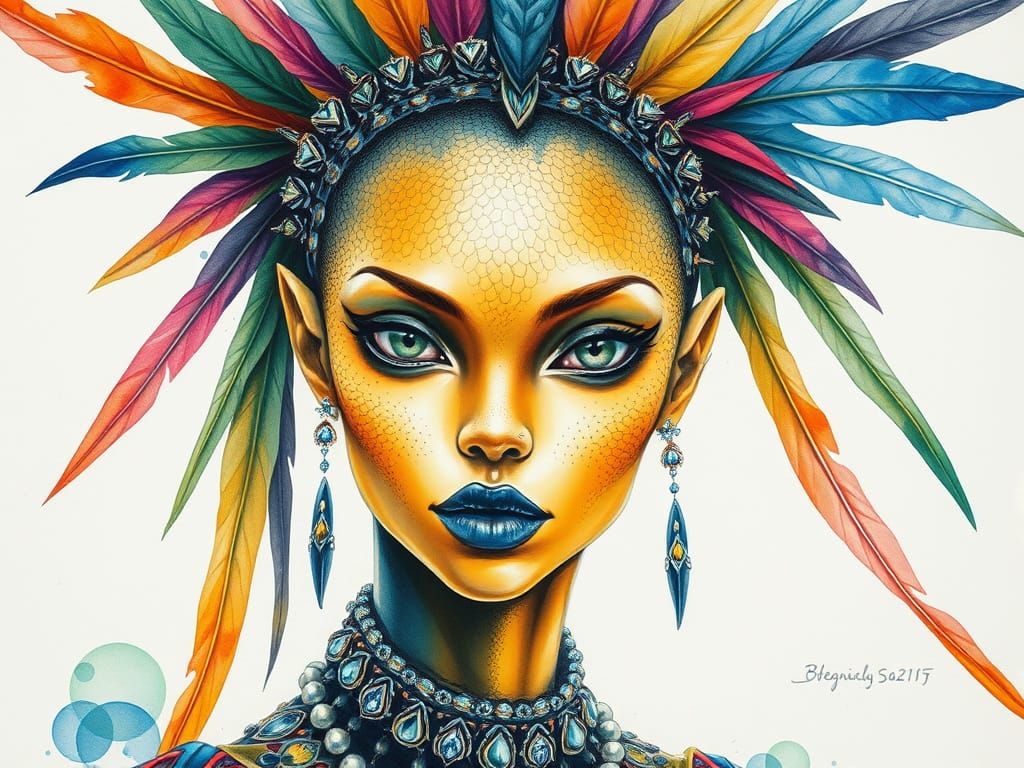 Sleek Alien Goddess in Vibrant Textured Watercolor