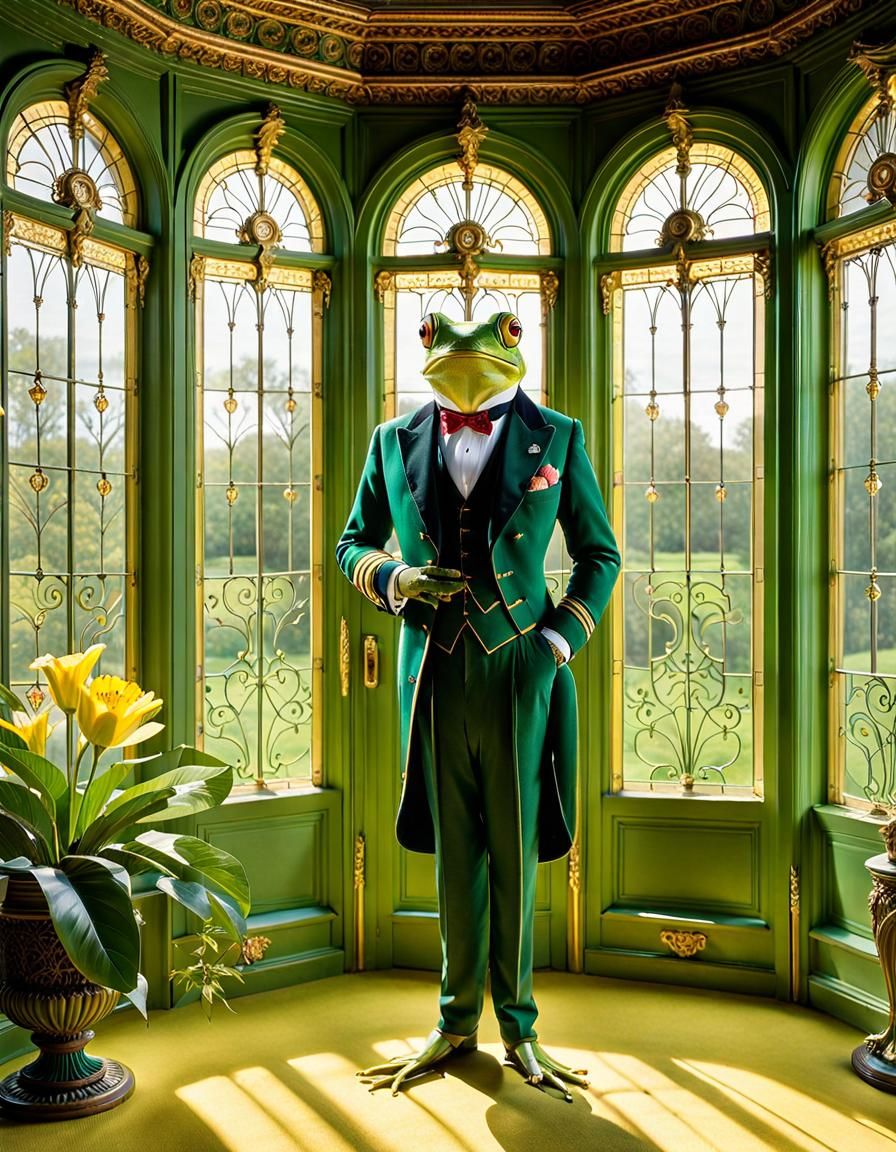 Anthropomorphic Green Tree Frog in Victorian Sunroom