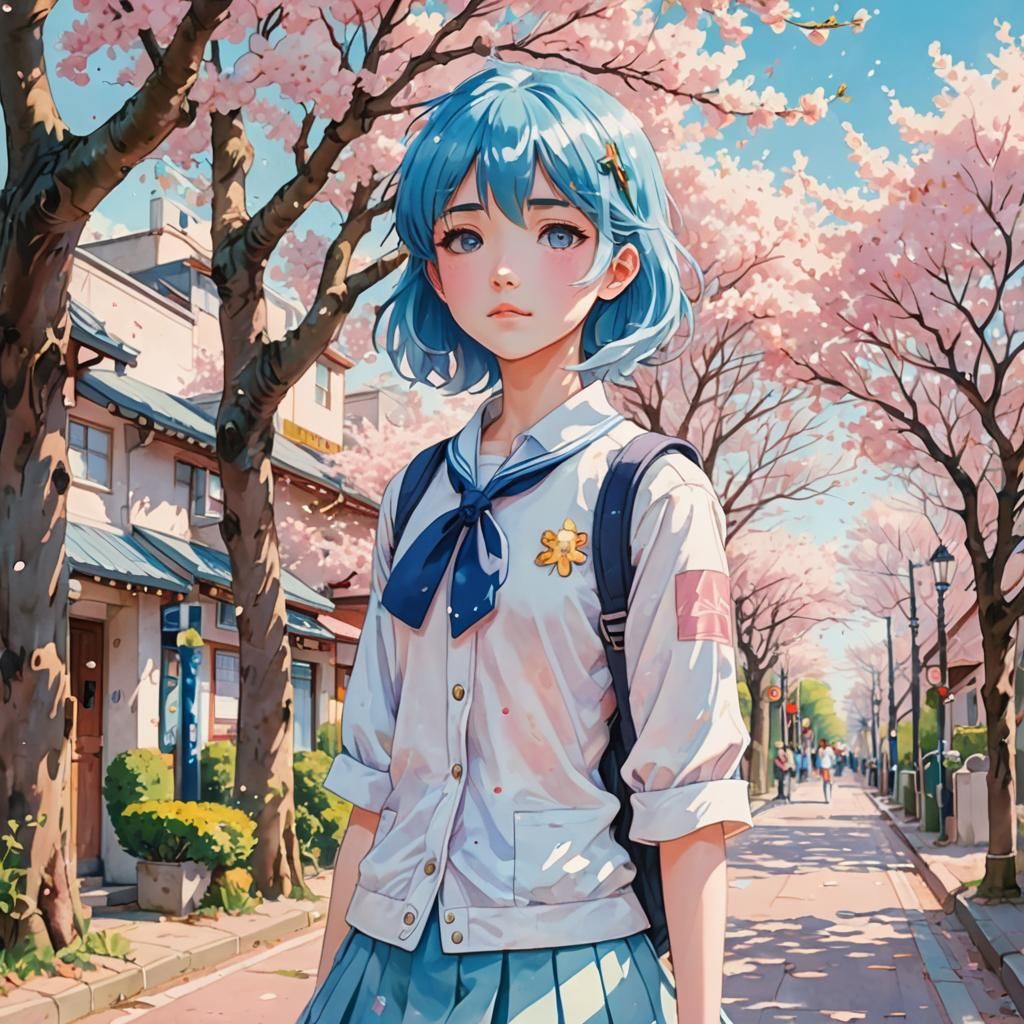 Anime Girl in Cherry Blossom Street