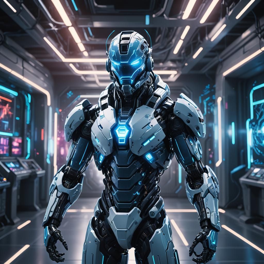 AI Guardian in Neon Sci-Fi Control Room