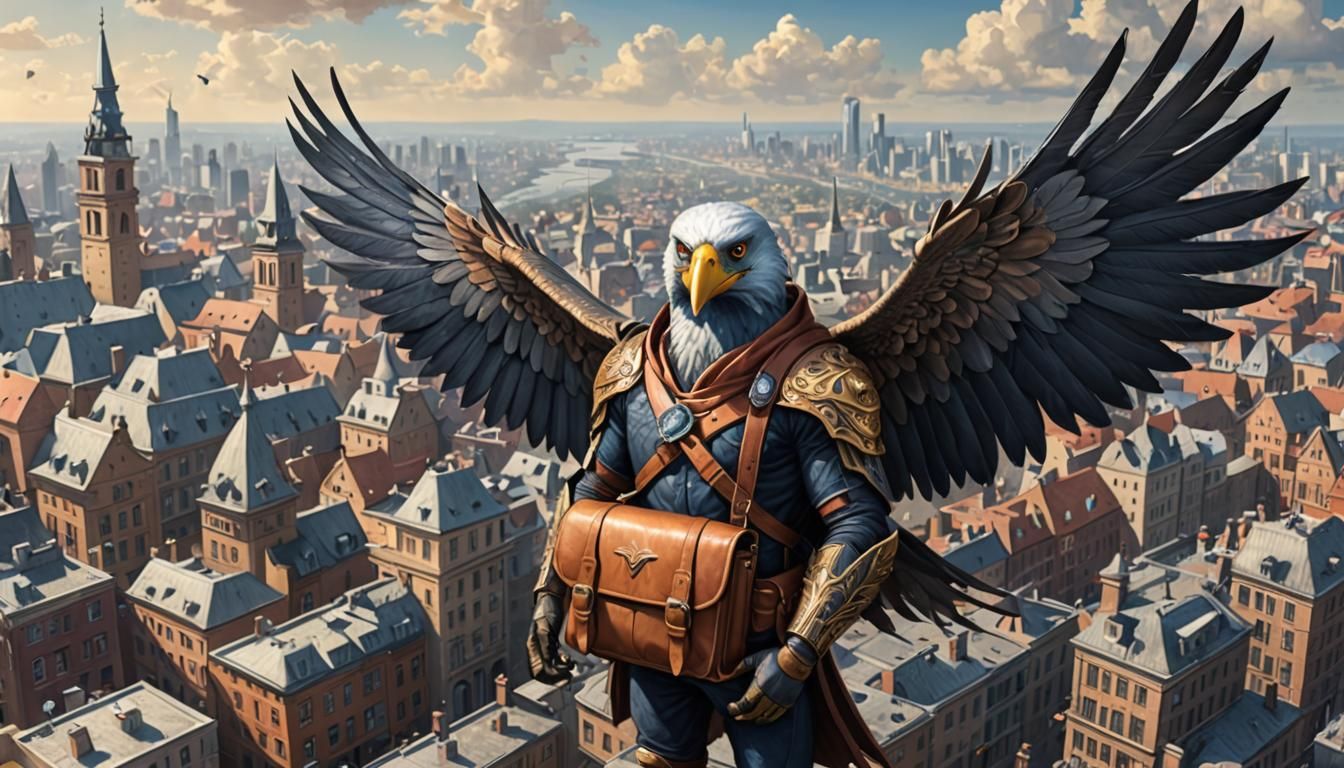 Aarakocra Messenger Soaring Above City