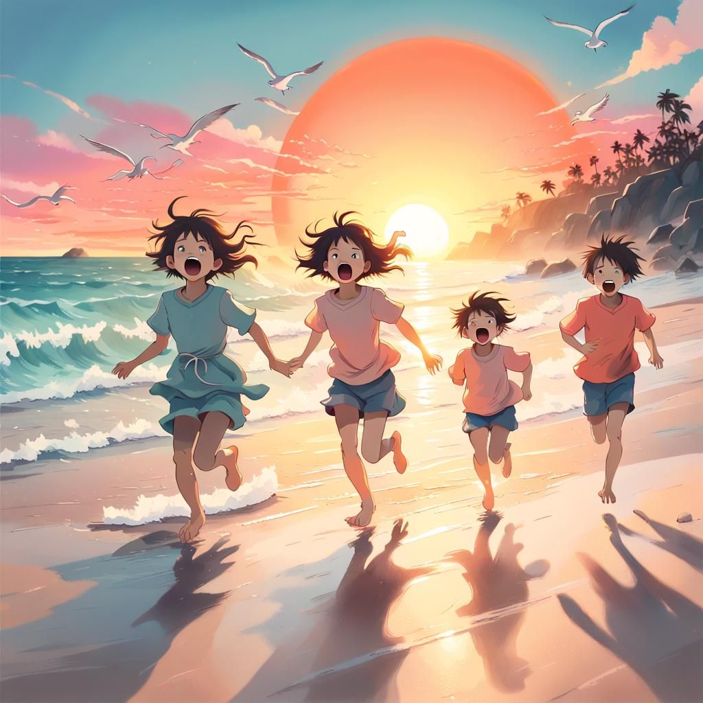 Children at Sunset on a Tropical Beach in Anime Style