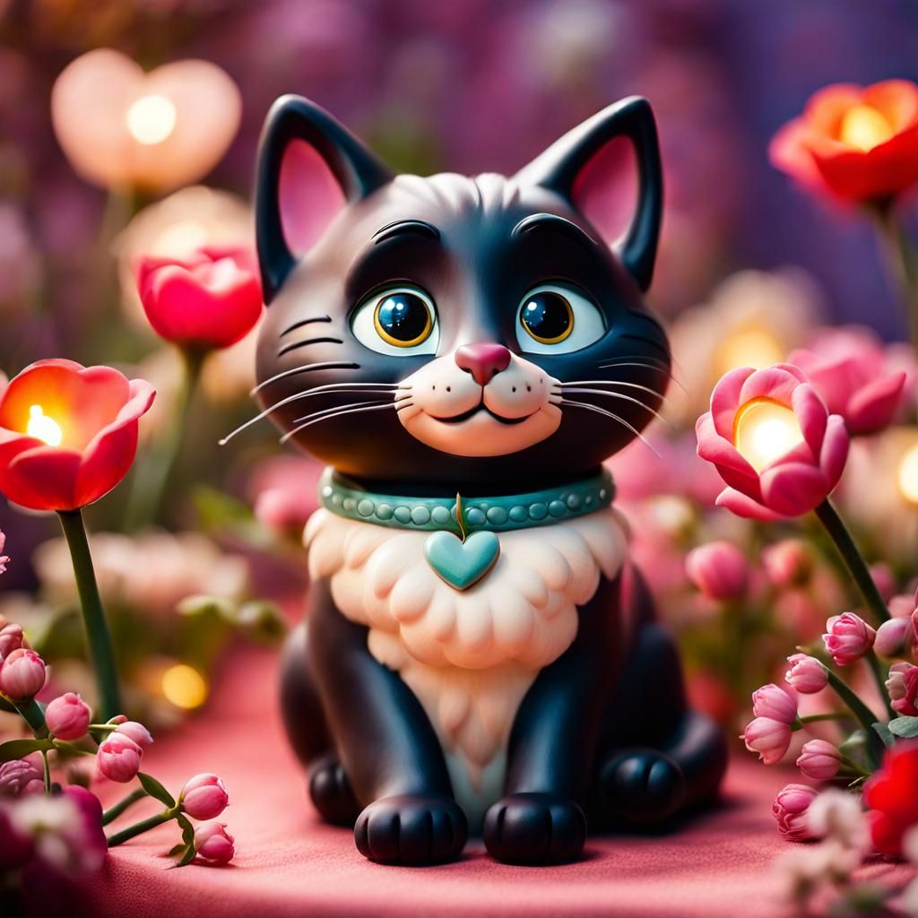 Aardman-Style Cute Cat Surrounded by Whimsical Flowers