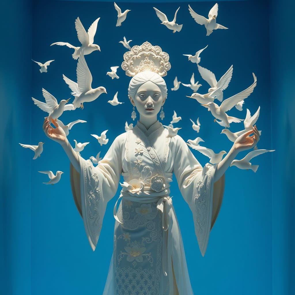 Asian Woman Plaster Sculpture in Dark Fantasy Style