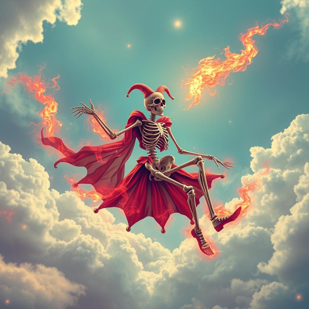 Fiery Skeleton Jester Soaring Holographic Illustration