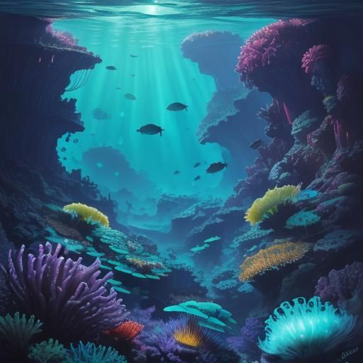 Underwater Ruins on Sunken Continent in Oil Painting Style