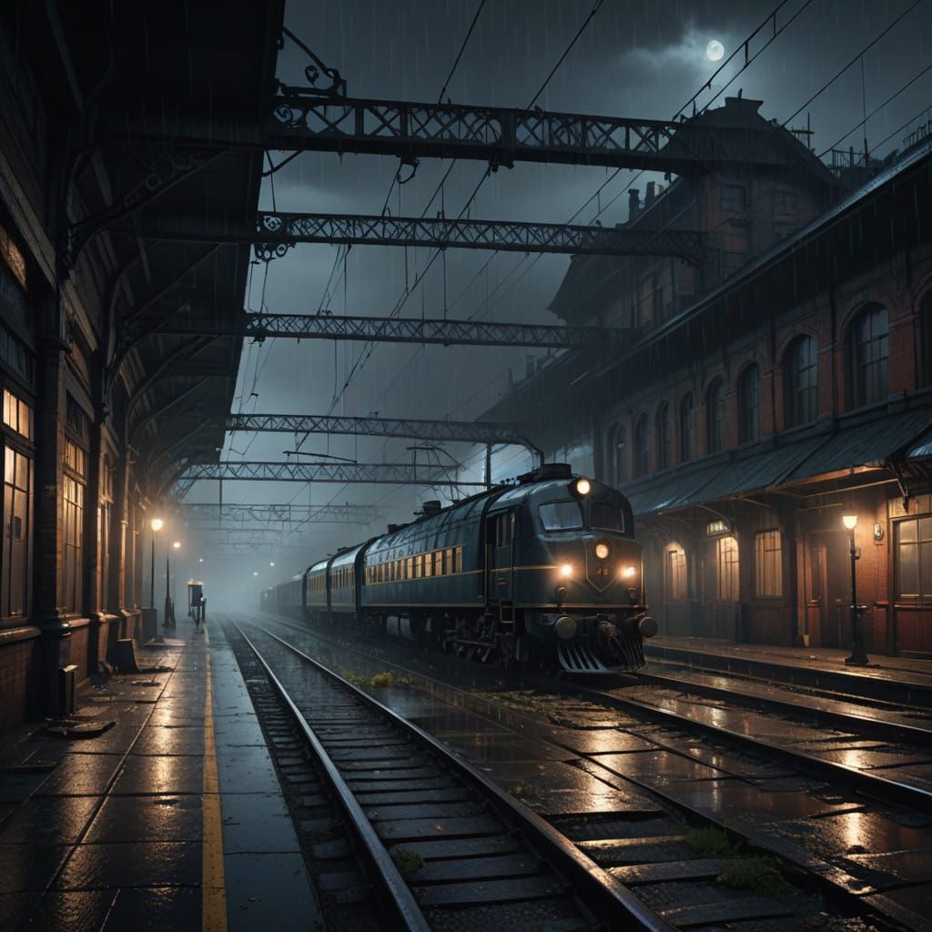 Abandoned Train Station in a Rainy Summer Night
