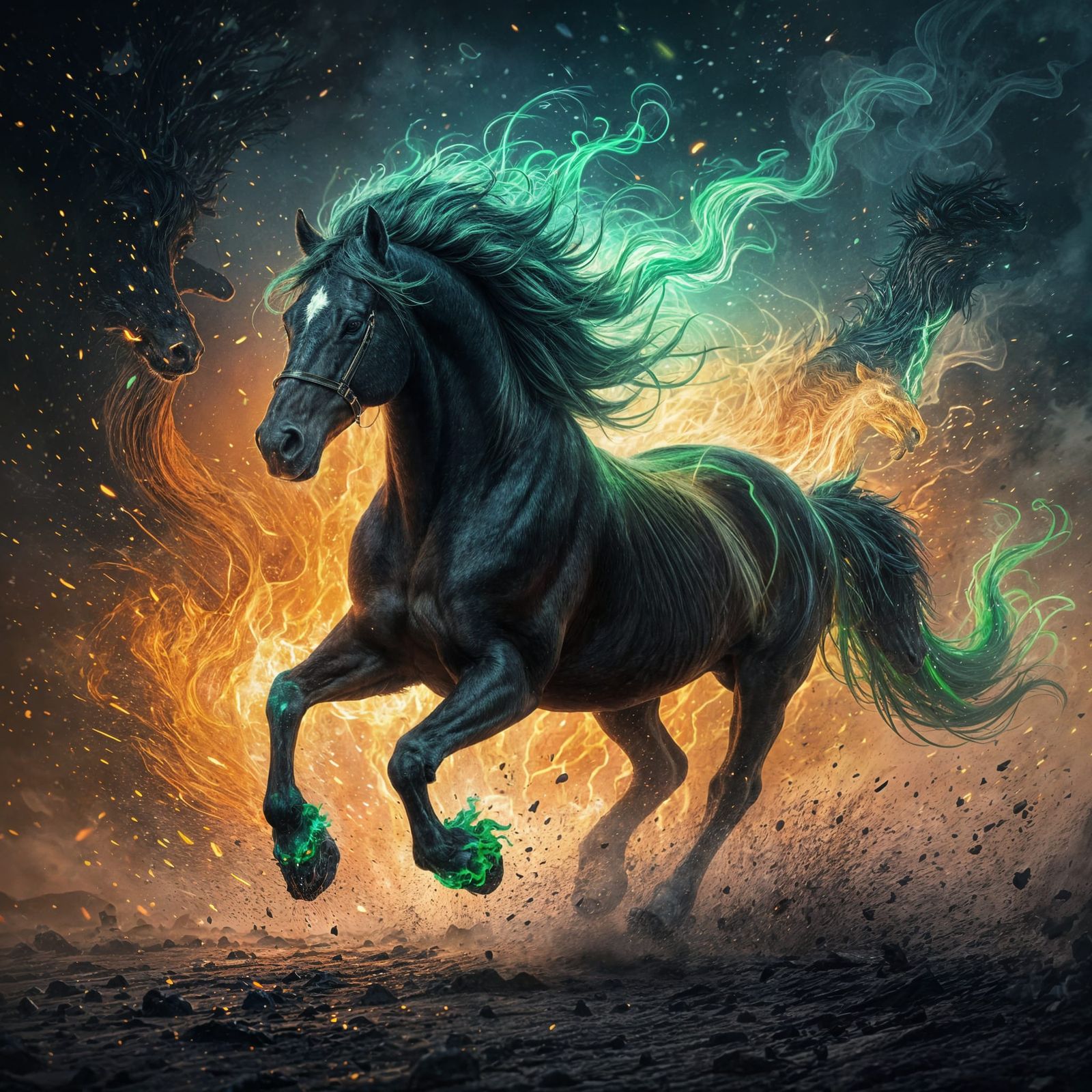 Majestic Fire Horse With Green Flames Galloping