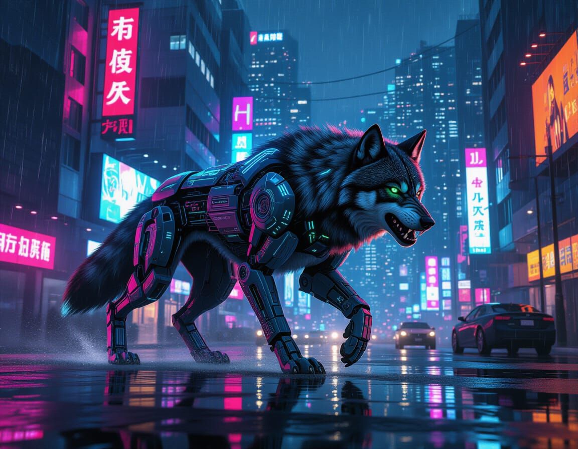 Cybernetic Dire Wolf Hunts Neon City Night