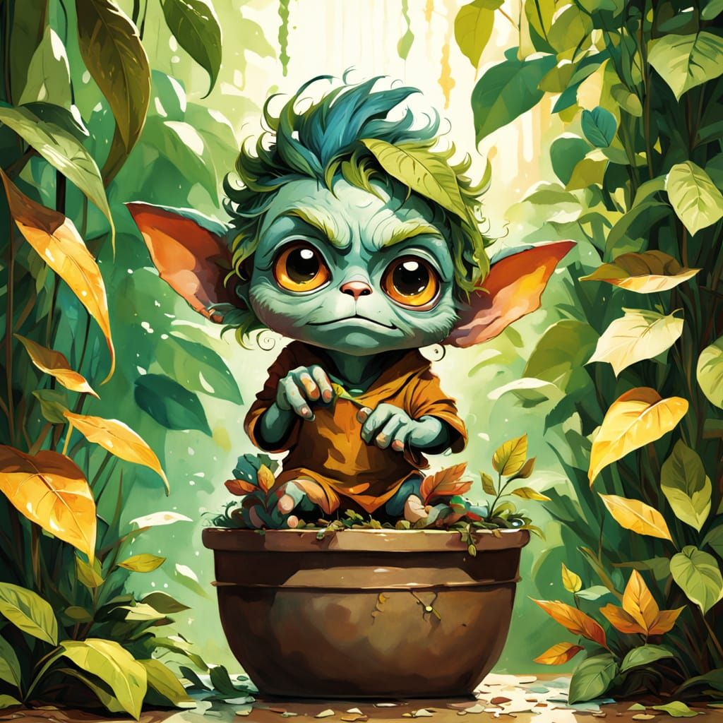 Whimsical Gremlin in a Potted Plant Wonderland