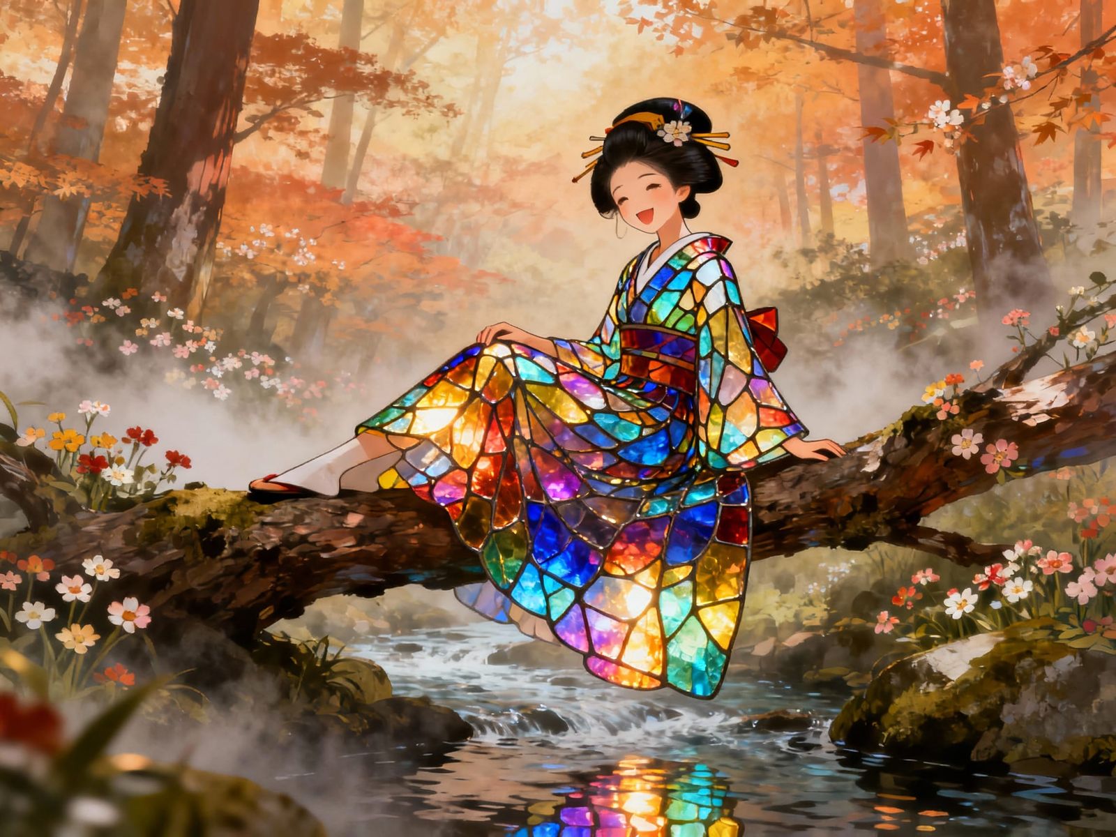 Geisha in Stained Glass Dress on Tree Branch